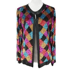 Scala Jacket Womens Medium Silk Black Blue Pink Sequin Lined Beads Party Vintage